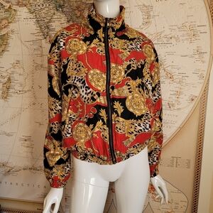 EVR Div Rousso vintage silk red black yellow bomber jacket animal print 80s S